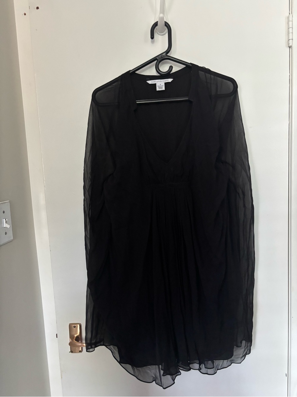 Diane Von Furstenberg. Size 8.  Fleurette Sheer Silk V-Neck Black Dress